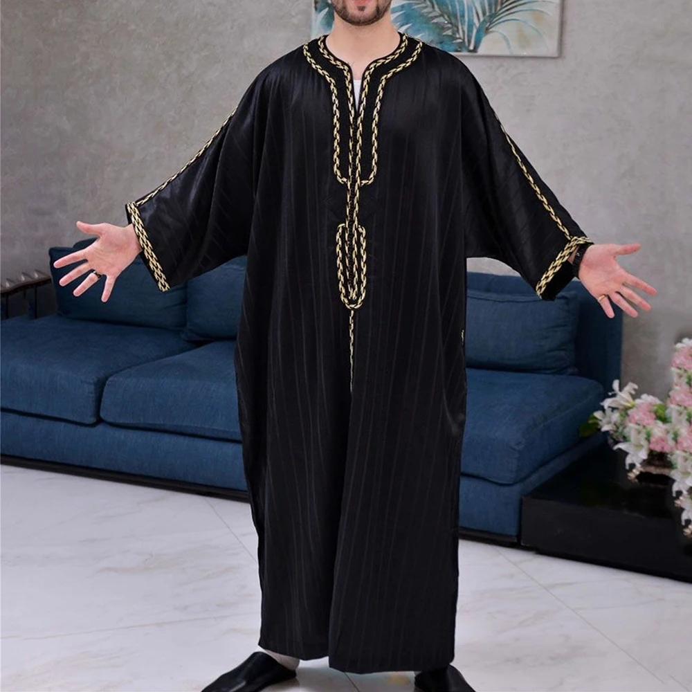 Muslim Men'S Robes Loose Straight Spring Summer Blouse Toga Solid Embroidery Patchwork Arab Middle Eastern National Costume - Image 3