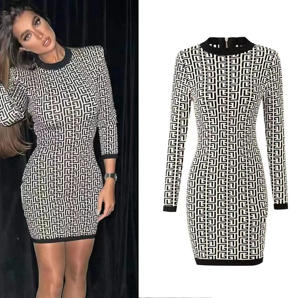 

2022 Early Autumn European And American Stars Fashion New Labyrinth Pattern Elastic Knitting Tight Long Sleeve Women's Dress