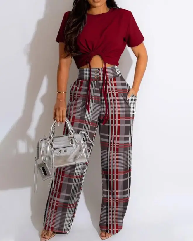 Drawstring Crew Neck Short Top and Checkered Rib Pants Set New Fashion 2023 Hot Selling Women's Wear new 2023 women s hot selling casual plus size checkered print shawl collar suit coat and pants set