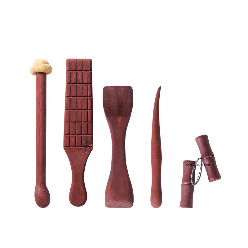 5pcs Set of Mahogany Making Teapot Tools Pottery Art Purple Clay Pot Handmade Tools Pottery Art DIY Pottery Pot Modeling Tools