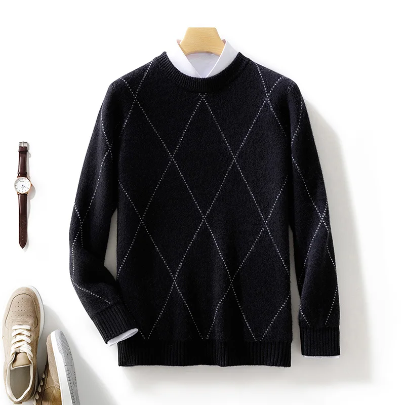 Men 100% Pure Cashmere Wool Soft Sweater O-neck Diamond Jacquard Pullover Autumn Winter Casual Thick Basis Jumper Large Size Top 2