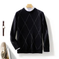 Men 100% Pure Cashmere Wool Soft Sweater O-neck Diamond Jacquard Pullover Autumn Winter Casual Thick Basis Jumper Large Size Top 2