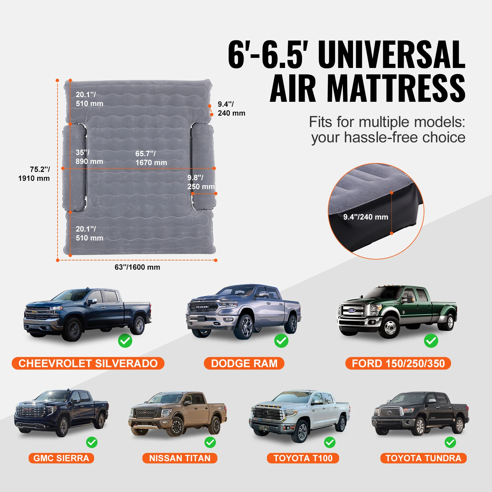SucceBuy Truck Bed Air Mattress for 6-6.5 ft Full Size Truck Beds Inflatable Air Mattress Camping Bed with 12V Air Pump 2 Pillow