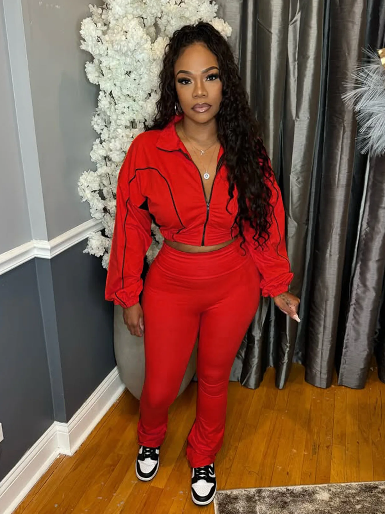 Women Tracksuit Set Spring Autumn Fashion Color Contrast Crop Top