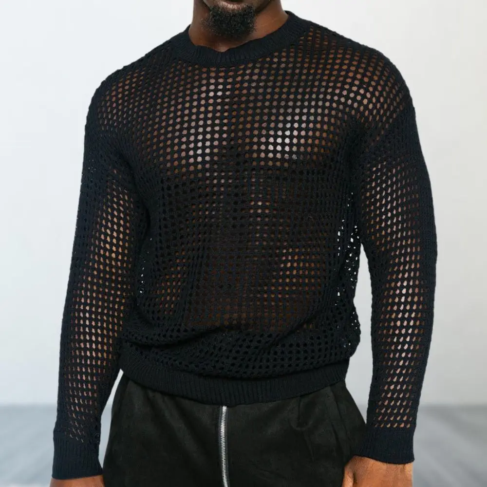 Men Fishnet Top See Through Shirts Transparent Long-arm Muscle T-Shirt Net Undershirt Spring Streetwear Mens Mesh Knit Shirt