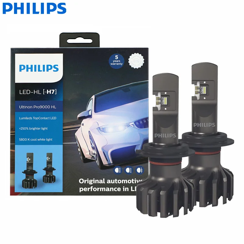 Philips LED H7 Ultinon Pro9000 Car Head Light 18W 5800K Cool White +250%  Bright with Lumileds LED Auto Lamp 11972U90CWX2, 2x