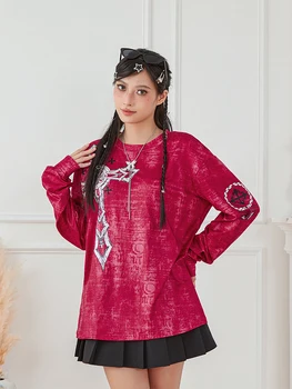 Women's Vintage Graphic Tops Gothic Long Sleeve Round Neck Loose T-Shirts Streetwear Grunge Tops 5