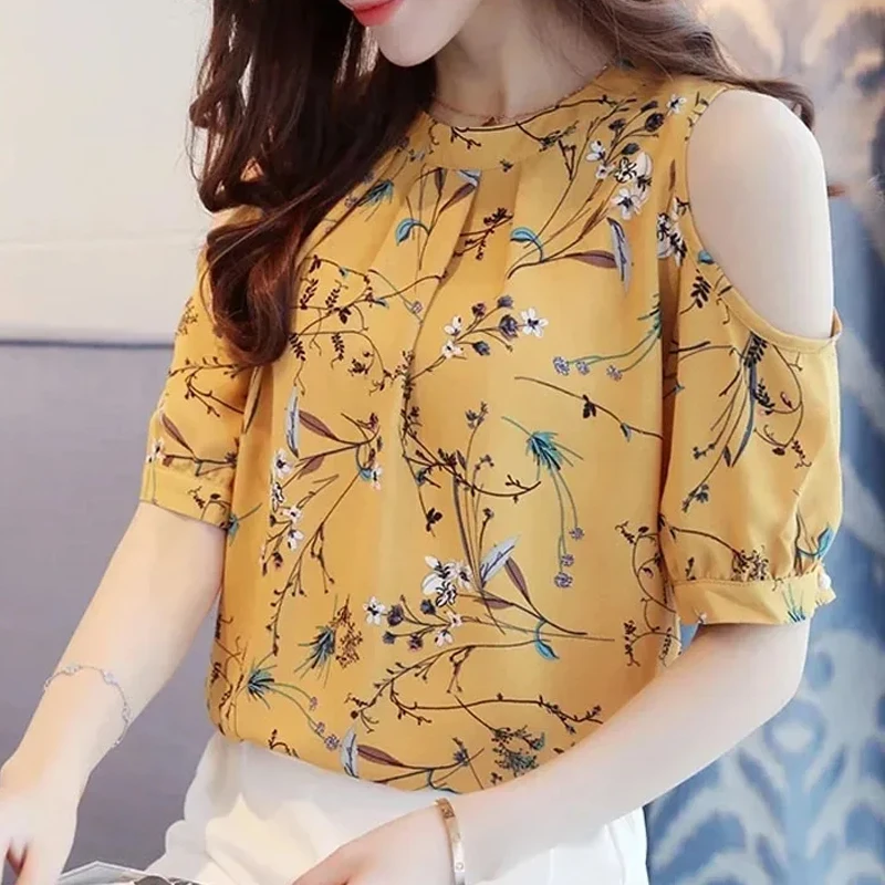 New Summer and Autumn Women's Chiffon Printed Off-shoulder Short-sleeved Shirt Fashionable and Elegant Crew Neck Office Blouse
