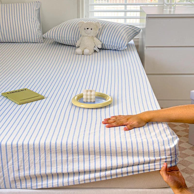 100% Cotton Single Product Bed Hat Yarn-dyed Washed The Fitted Series Striped 360 with Elastic Mattress Cover 200x220  Bedding 2