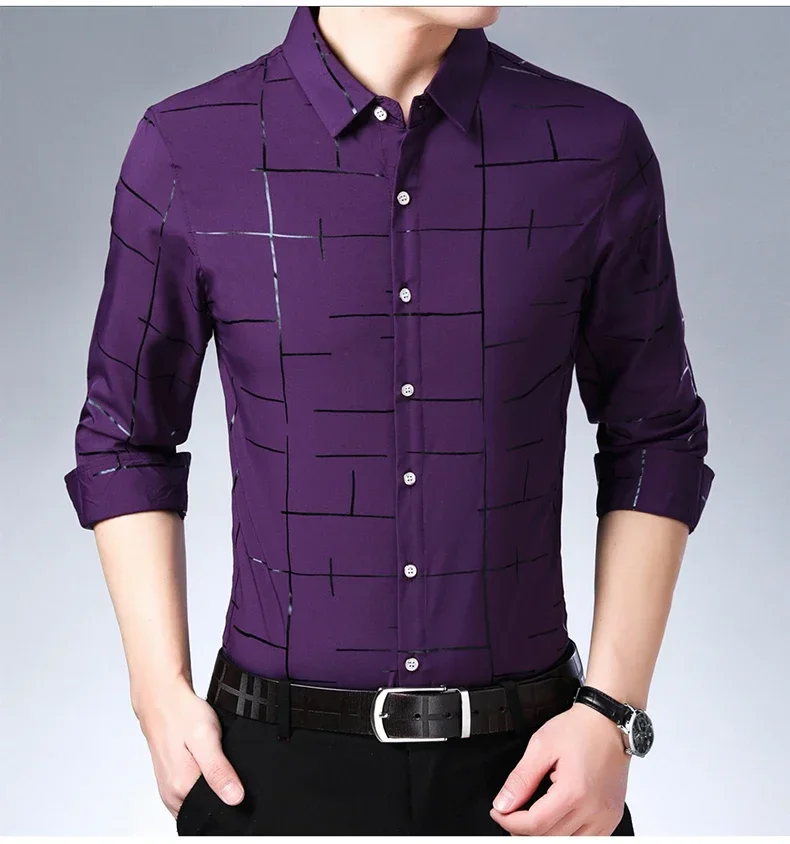 Description Picture 5 of item2022 Brand Casual Plaid Luxury Plus Size Long Sleeve Slim Fit Men Shirt Spring Social Dress Shirts Mens Fashions Jersey 41607