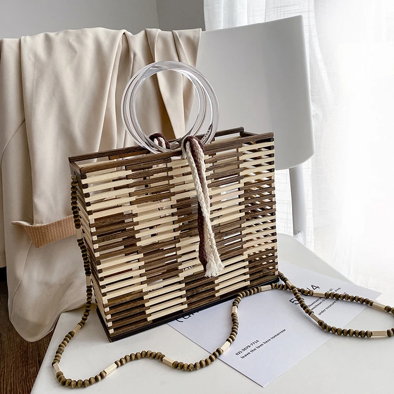 

Summer Handmade Bamboo Hollow Out Woven Beach Bag Luxury Design Women's Transparent Acrylic Round Handle Bag Chain Crossbody Bag