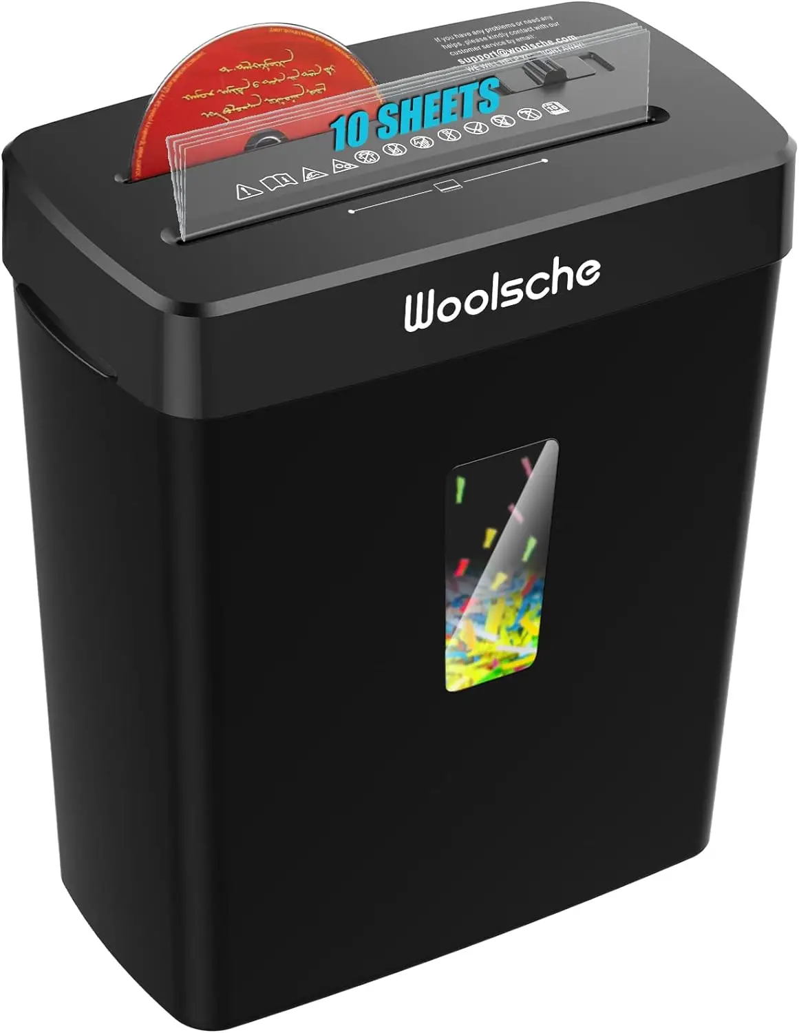 

Измельчитель бумаги Woolsche, 10-листовая поперечная вырезка с корзиной на 3,43 галлонов, стандартный уровень безопасности, 3-режимный дизайн, Shred CD