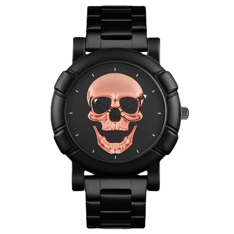 Fashion Sport Black Gold Dial Quartz Watch Hip Hop Top Brand Luxury Male Clock Watch Skull Head Stainless Steel Wristwatches