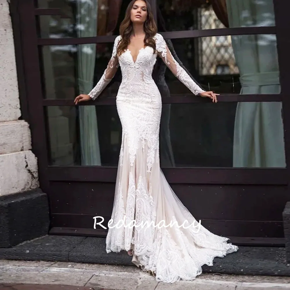 

Redamancy Lurxury Long Sleeve Lace Mermaid Wedding Dresses Illusion Bridal Gowns Button Back O-Neck Sweep Train Vestido De Novia