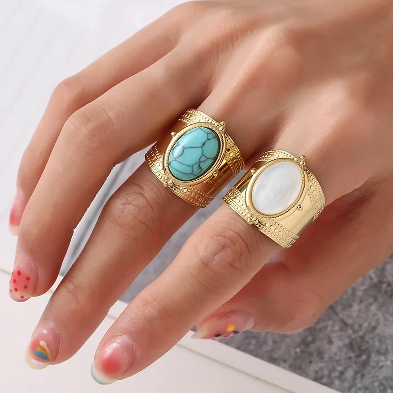 1/2Pcs Turquoise Stone Opal Stone Open Rings For Women Stainless Steel Vintage Gold Color Wide Ring Finger Rings Jewelry Gifts
