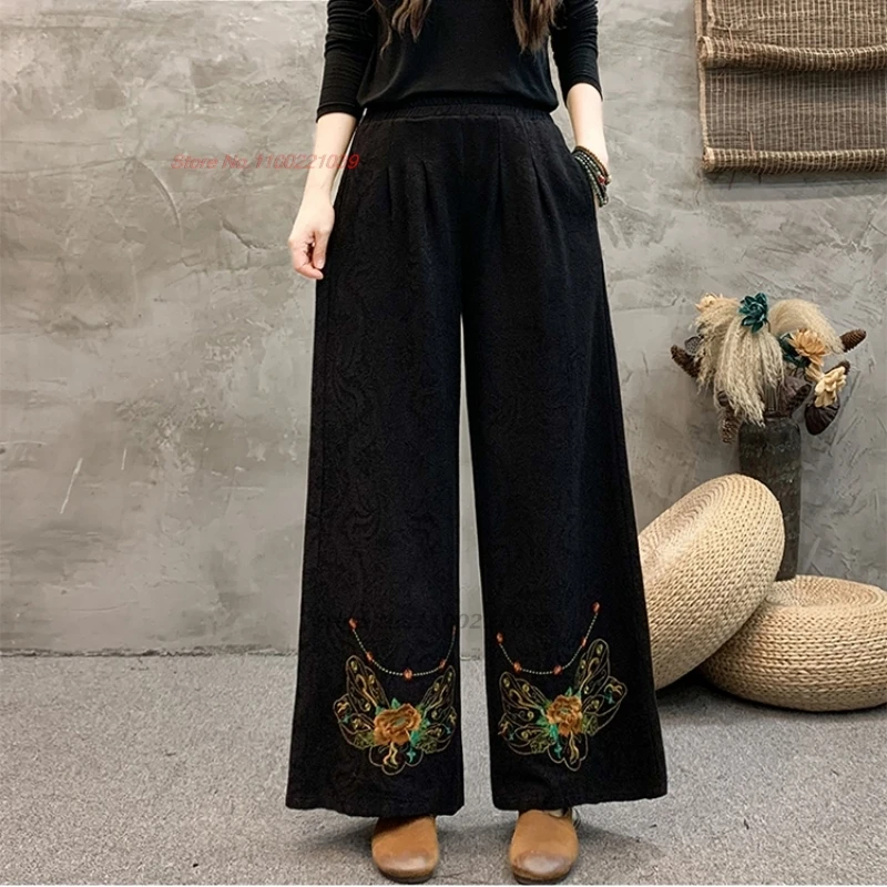 chinese vintage folk pants cotton linen jacquard ethnic trousers national flower embroidery elastic waist wide leg trousers