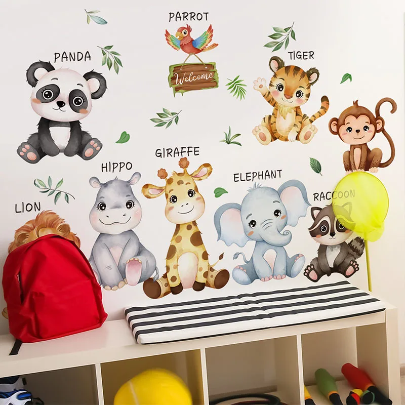 Cartoon Animal Lion Panda Children's Room Bedroom Wall Stickers Decor Living Room Background Animals Wall Sticker Decorative