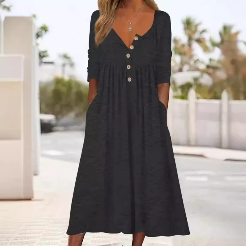 

Europe United States Fall Women's New Ebay Independent Station Casual Buttons Solid Color Simple Long-sleeved Mid-length Dresses