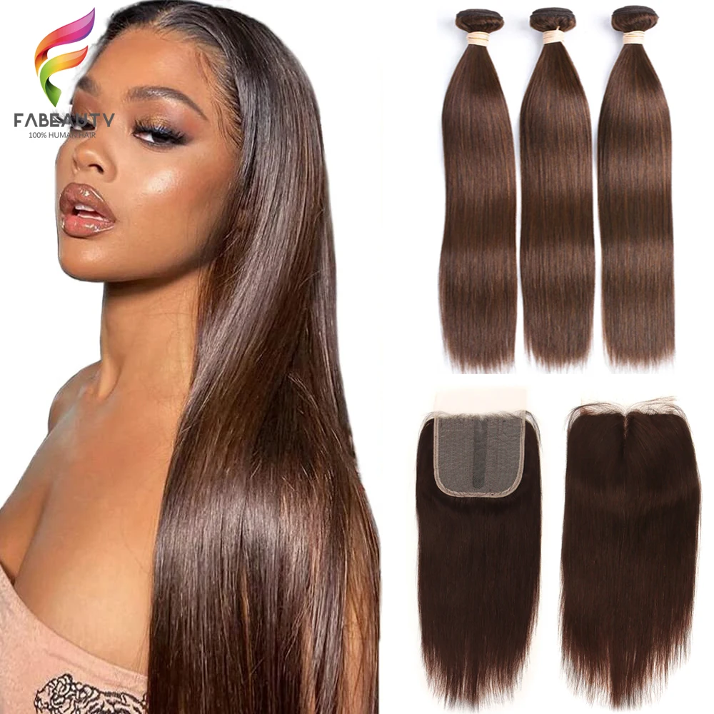 

Brown Colored Straight Bundles With Closure Human Hair Brazilian Weave Extension With 5x5x1 Closure For Women 36 38 40 Inch
