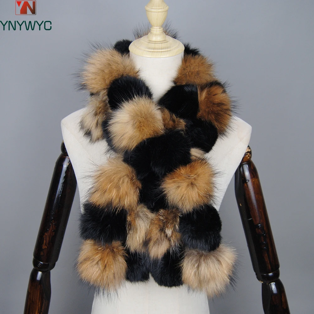 

Brand Winter Warm Fur Wraps Elastic Rings Women Knitted Rex Rabbit Fur Scarves With Raccoon Fur Strips Real Raccoon Fur Mufflers