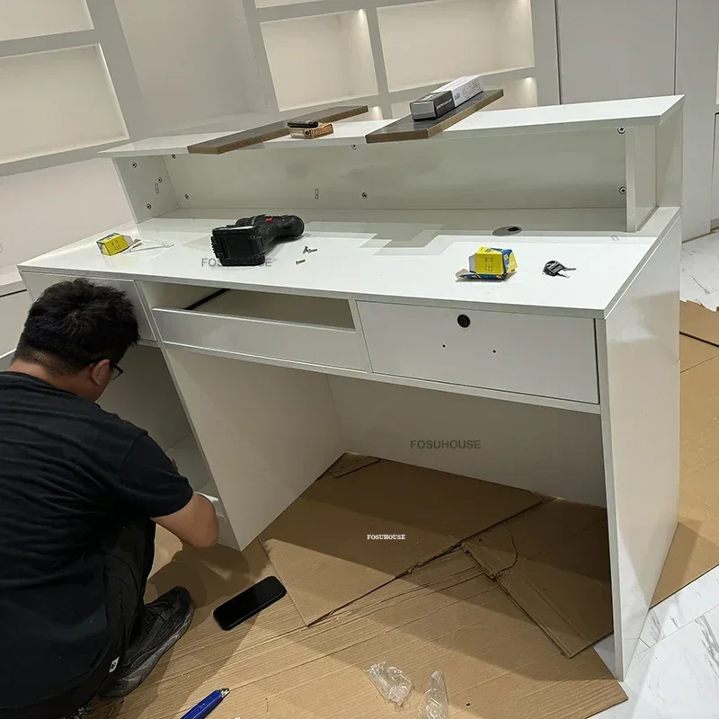 Nordic Cream Reception Desks Modern Office Furniture Wooden Supermarket Cashier Bar Simple Small Beauty Salon Reception Counter