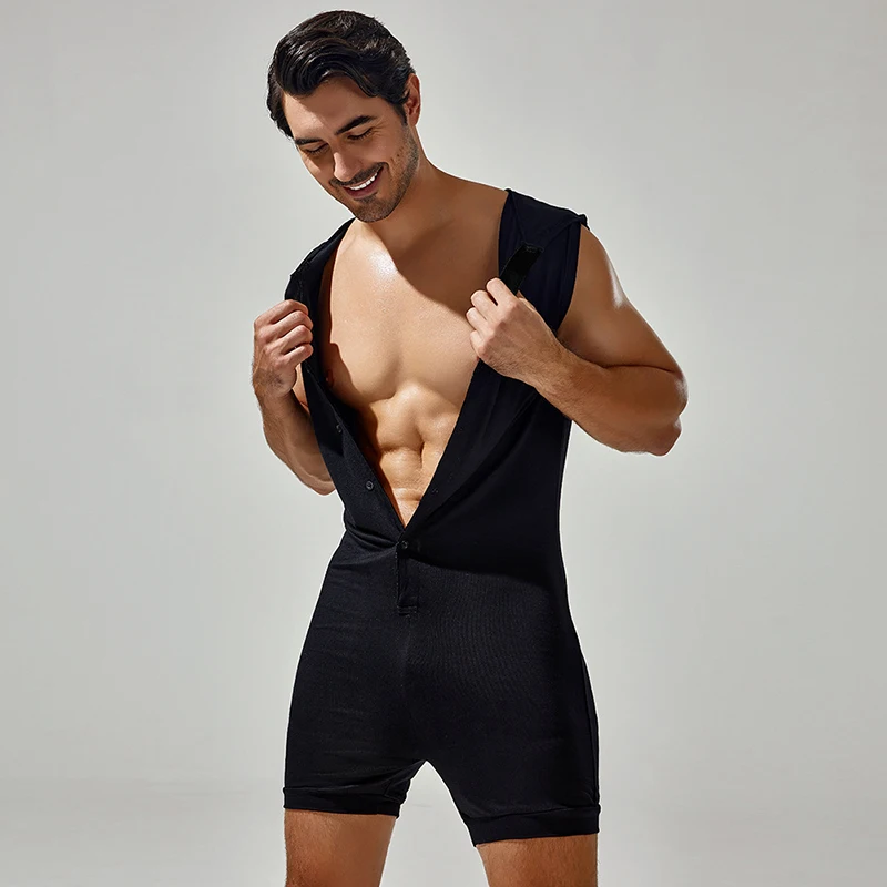 Sexy Pajamas Mens Jumpsuits Slim Fit Elastic Sleeveless Solid Color Bodycon Bodysuits For Men Spring Summer Sleepwear Overalls