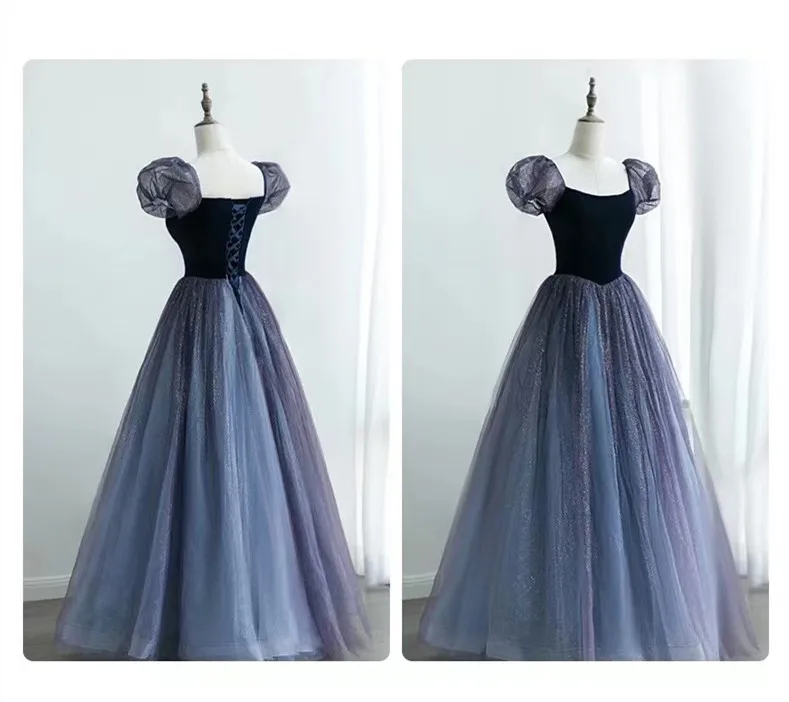 Gradient Blue Prom Dresses Shiny Sequins A-Line Pleated Boat Neck Puff Sleeves Big Bow Bandage Floor-Length Tulle Celebrity Gown plus size prom & dance dresses