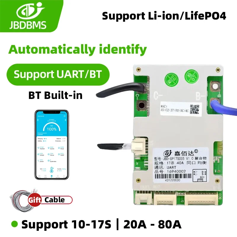 

JBD Smart BMS LiFePo4 12S 36V 16S 48V 20A 40A 50A 60A 80A Li-Ion BMS 10S 13S 14S 16S 17S Balance 18650 Battery Board Built-in BT