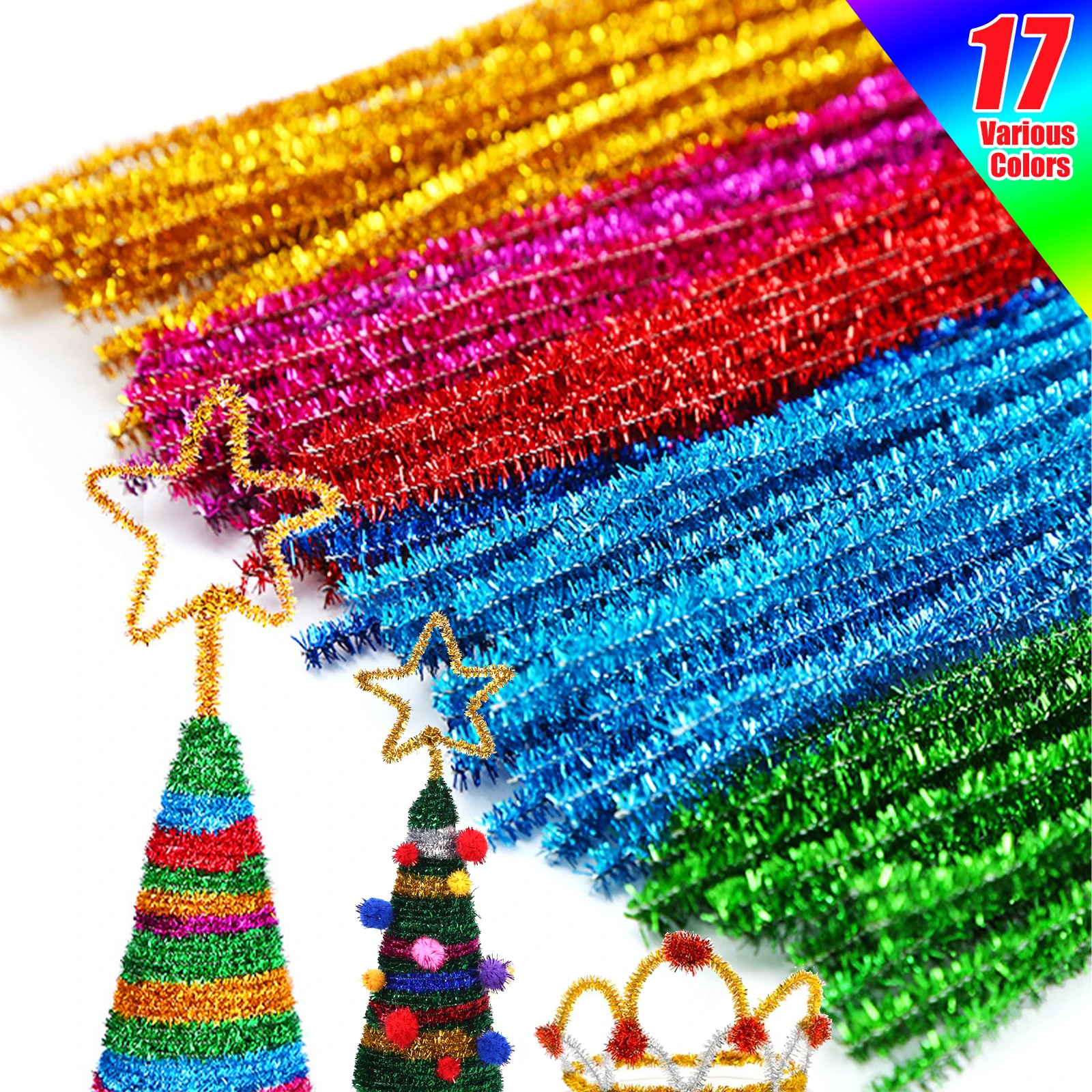 Pipe Cleaners Tinsel Multi Coloured Glitter Effect 100 Long Pack