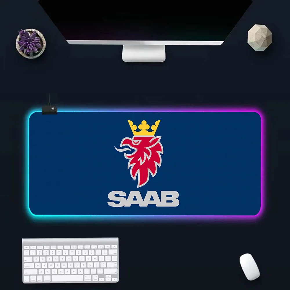 

SAAB LOGO RGB Pc Gamer Keyboard Mouse Pad Mousepad LED Glowing Mouse Mats Rubber Gaming Computer Mausepad SAAB CAR