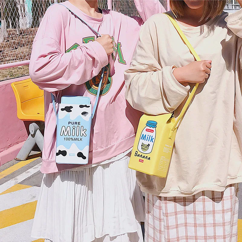 Cute Milk Box Women Shoulder Bag Designer Drink Cartoon Printing Crossbody Bags for Women 2021 Harajuku Small Coin Purses Girls 2