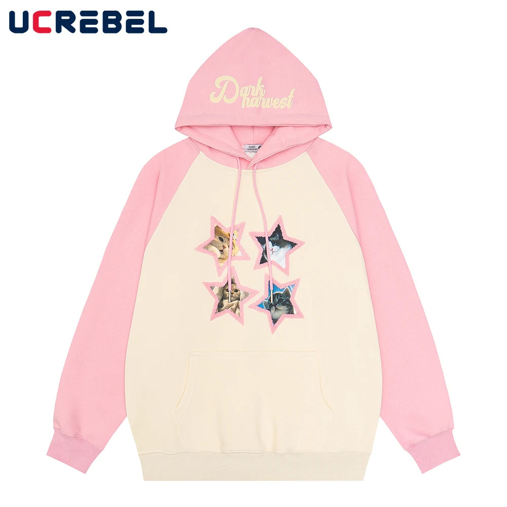

Star Towel Embroidery Sweatshirts Mens Vibe Style Cat Print Casual Contrast Paneled Long Sleeve Hoodies Men
