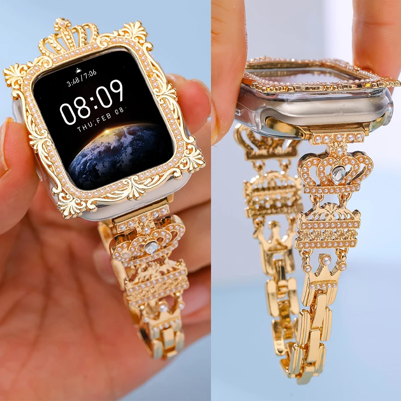 Elegant Women's Luxury Pearl Bracelet Watch Band with Crown Case