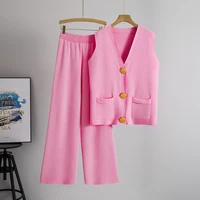 Casual Knit 2 Pieces Suit Women V-neck Sleeveless Single Breasted Slim Tank Wide leg Pants Female Set 2025 Spring Summer - Image 2