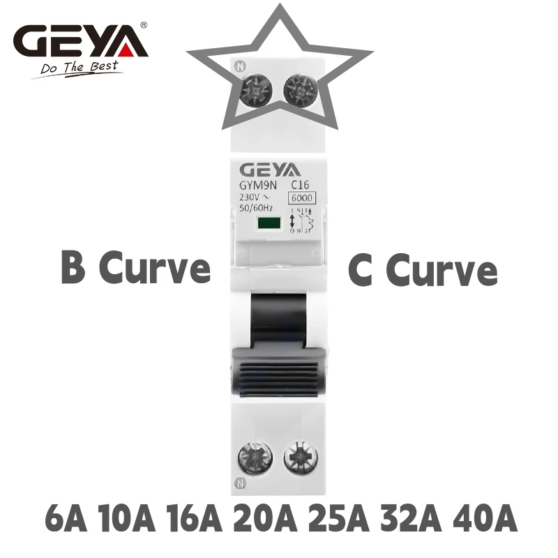 GEYA-AC Interruptor, GYM9N, 1P + N, MCB, 6A, 10A, 16A, 20A, 25A, 32A, 40A, 220V, 6KA C Curva B Curva