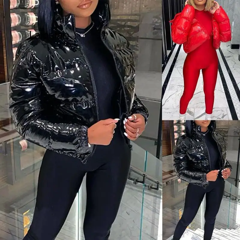 

Women's Padded Short Coat Solid Stand-up Collar Cardigan Winter Down Jacket Patent Leather Glossy Outerwear Padded Coat 21907