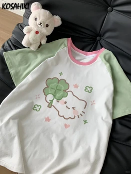 Funny Cartoon Print Y2k Aesthetic Tees Japanese Grunge Loose Contrast Color Patchwork T-shirts 2026 Summer Casual Vintage Tops 1