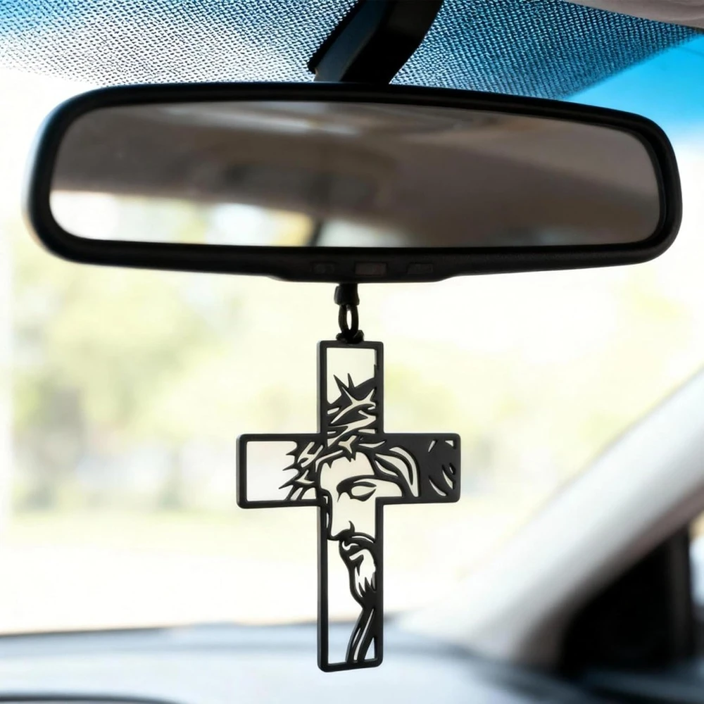 2D Flacher Auto-Acryl-Anhänger - Autodekoration, Anhänger, Kreuzanhänger - Schwarzes Jesus Christus Kreuz