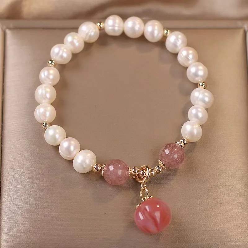 

Baroque Natural Healing Strawberry Quartz Charm Stretch Elastic Pearl Bracelet For Friend Gift