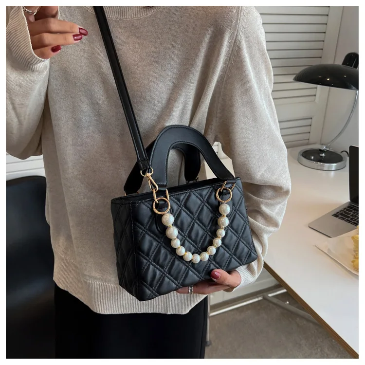 Women's 2023 Trend Leather Chain Shoulder Crossbody Bag with Pearl Handle Portable Chocolate Grid Solid Color Small_voghion.com