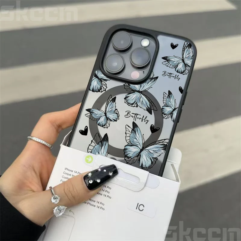 Butterfly Magnetic Transparent Phone Case with Matte Wireless Charging Cover