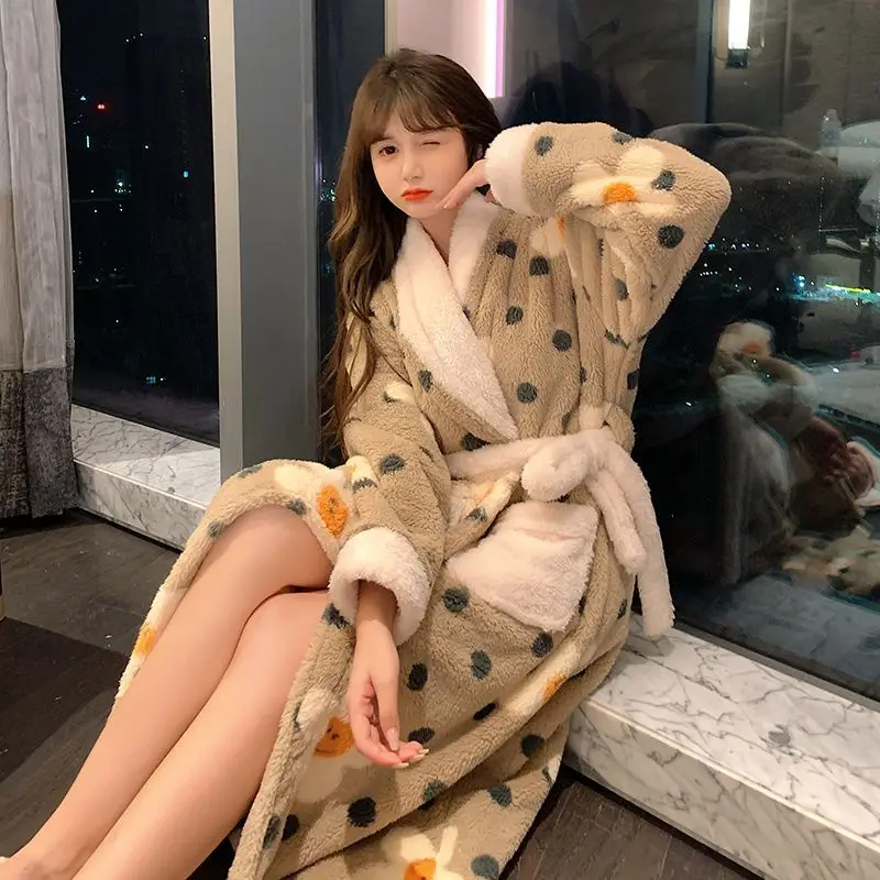 Striped Robe for Women Belt Sleepwear Nightdress Winter Night Wears Pajama Nightgown Long Sleeve Warm Fleece Homewear Japanese