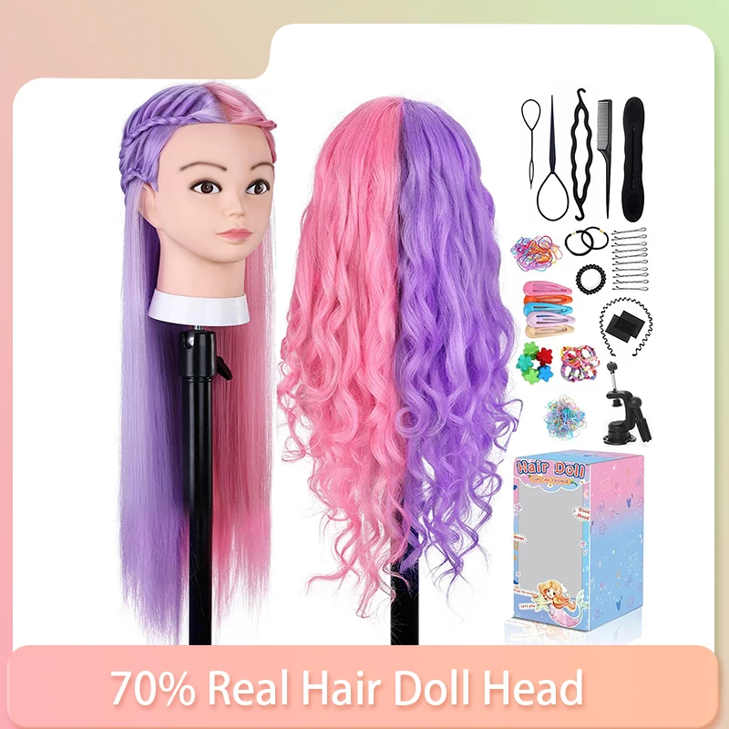 70% Real Hair Doll Head For Hairstyle Curling Straighten Practice
