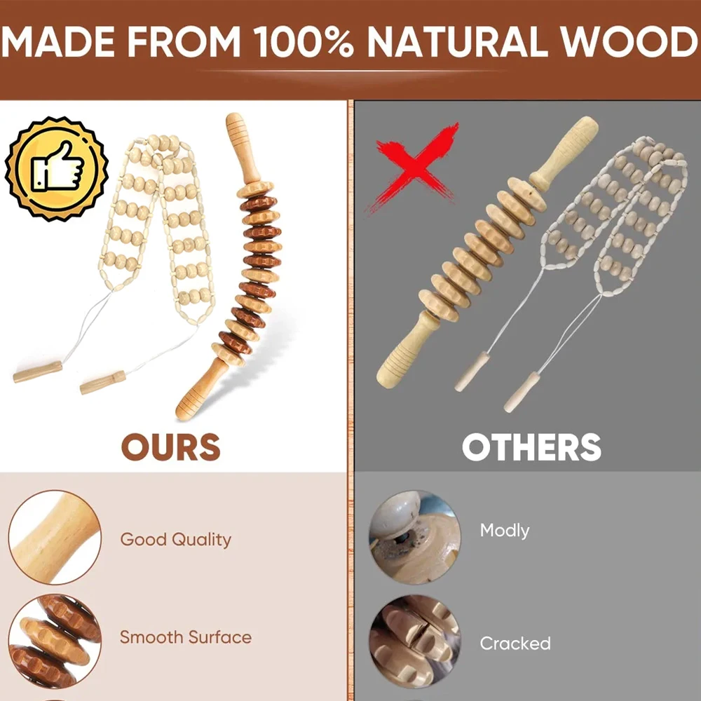 2PCS Wood Therapy Massage Tools,Wooden Massage Roller Stick,Back Massager Roller Rope,Maderoterapia Kit Colombiana for Lymphatic