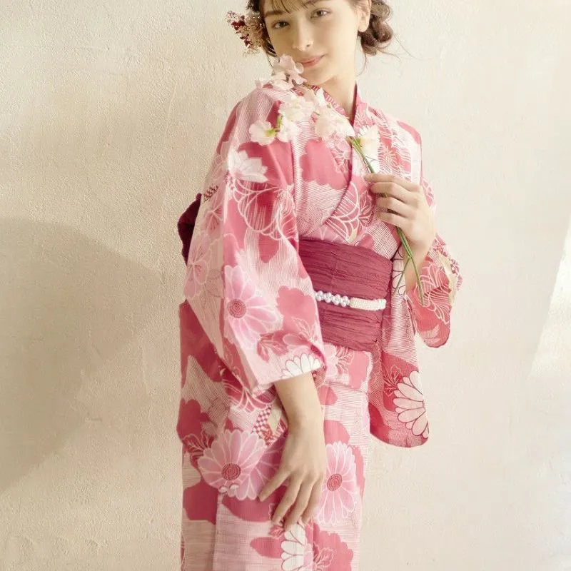Japanese Kimono Bathrobe Women's Traditional Formal Dress Style Pure Cotton Fabric Flower Fire Conference Travel Photography