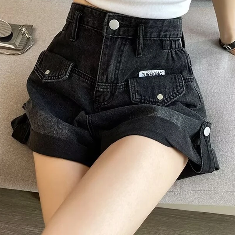 2024 여름 여성 반바지 바지 레이디 하이 웨이스트 루즈 하이 스트리트 데님 바지 여성 streetwear 블랙 그레이 와이드 레그 짧은 청바지