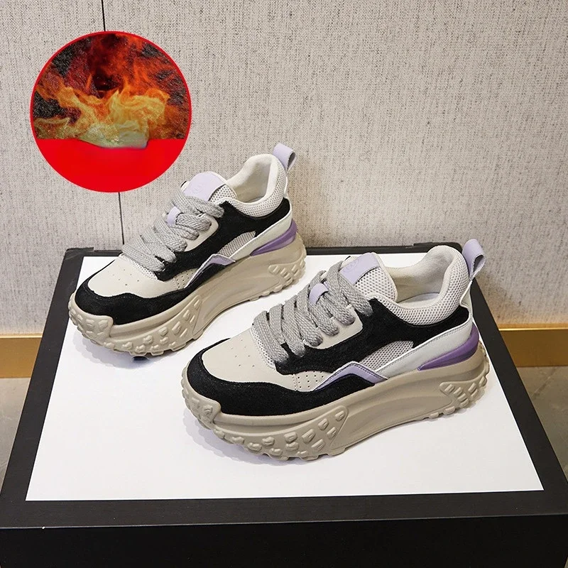 Fujin 6cm Genuine Leather Platform Mesh Breathable Sneakers Chunky