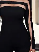 Yeezzi Female Fashion Sexy Mesh Split-Joint High Neck T-Shirts 2025 New Spring Long Sleeves Solid Color Skinny Tops For Women - Image 3