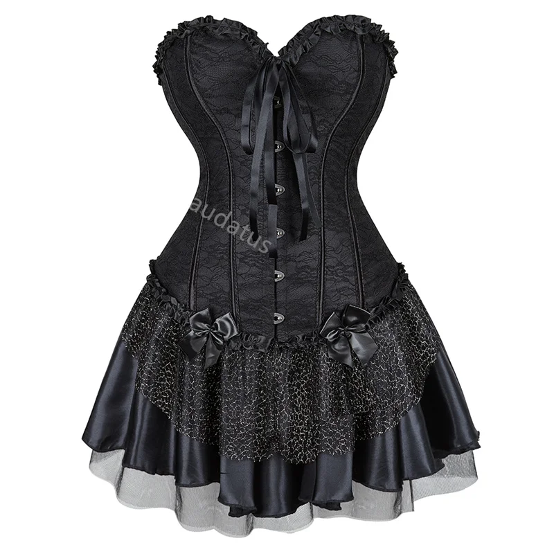 

Black Corset Dress Set Tutu Skrits Overbust With Lace Costume Party Sexy Burlesque Ladies Basques Outfit Plus Size Vintage