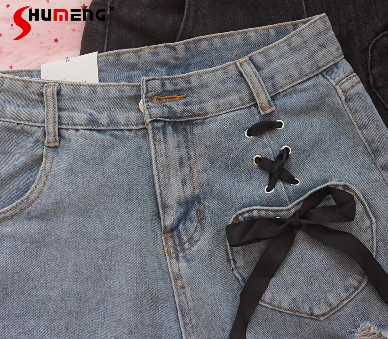 Sweet Girl Bow Bandage Ripped Jean Shorts for Women Student 2024 Summer New Loose High Waist Wide-Leg A- Line Black Denim Shorts